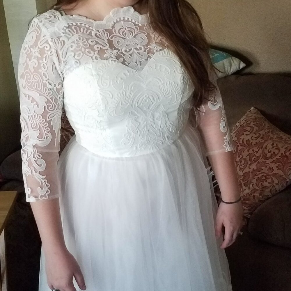 Chi Chi London Ivory Lace Illusion-Sleeve A-Line Bridal Gown